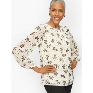 Talbots Tie-Back Top Metallic Bow Print Size Medium Petite